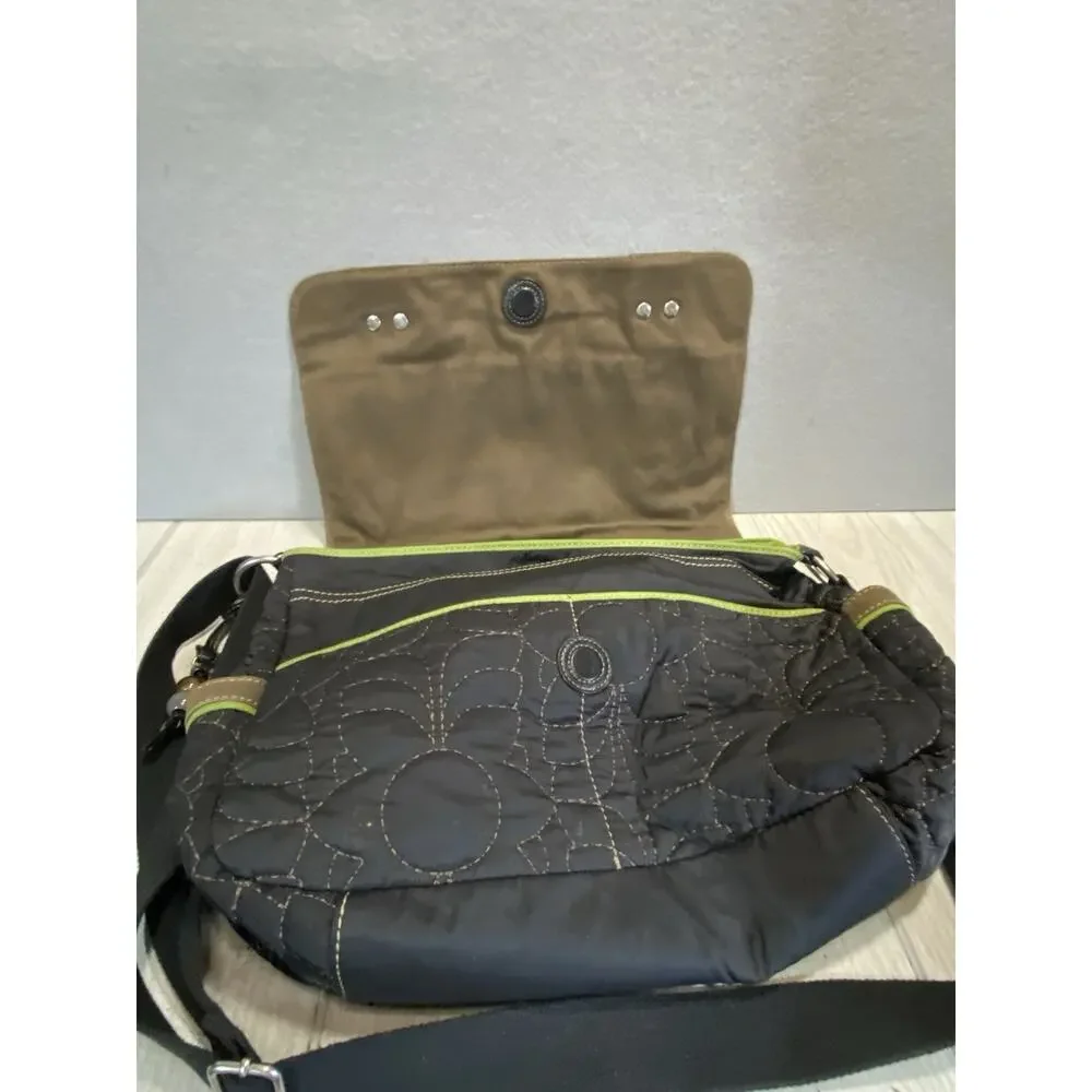 Fossil KeyPer Black Green Floral Quilted Padded Laptop Messenger Bag Crossbody